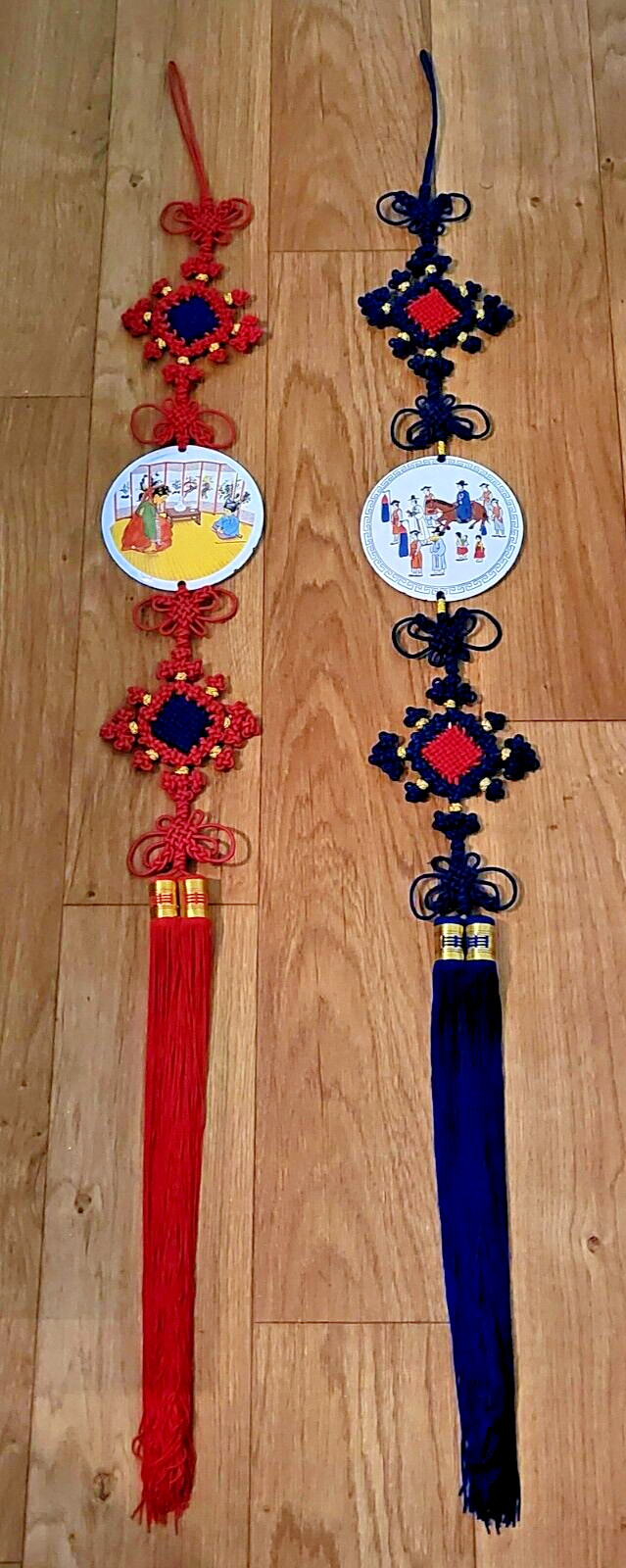 VTG Korean Folk Art Wall Hanging Metal Discs 6" Set 2 Silk Norigae Knot Tassels VTG Korean Folk Art Wall Hanging Metal Discs 6" Set 2 Silk Norigae Knot Tassels