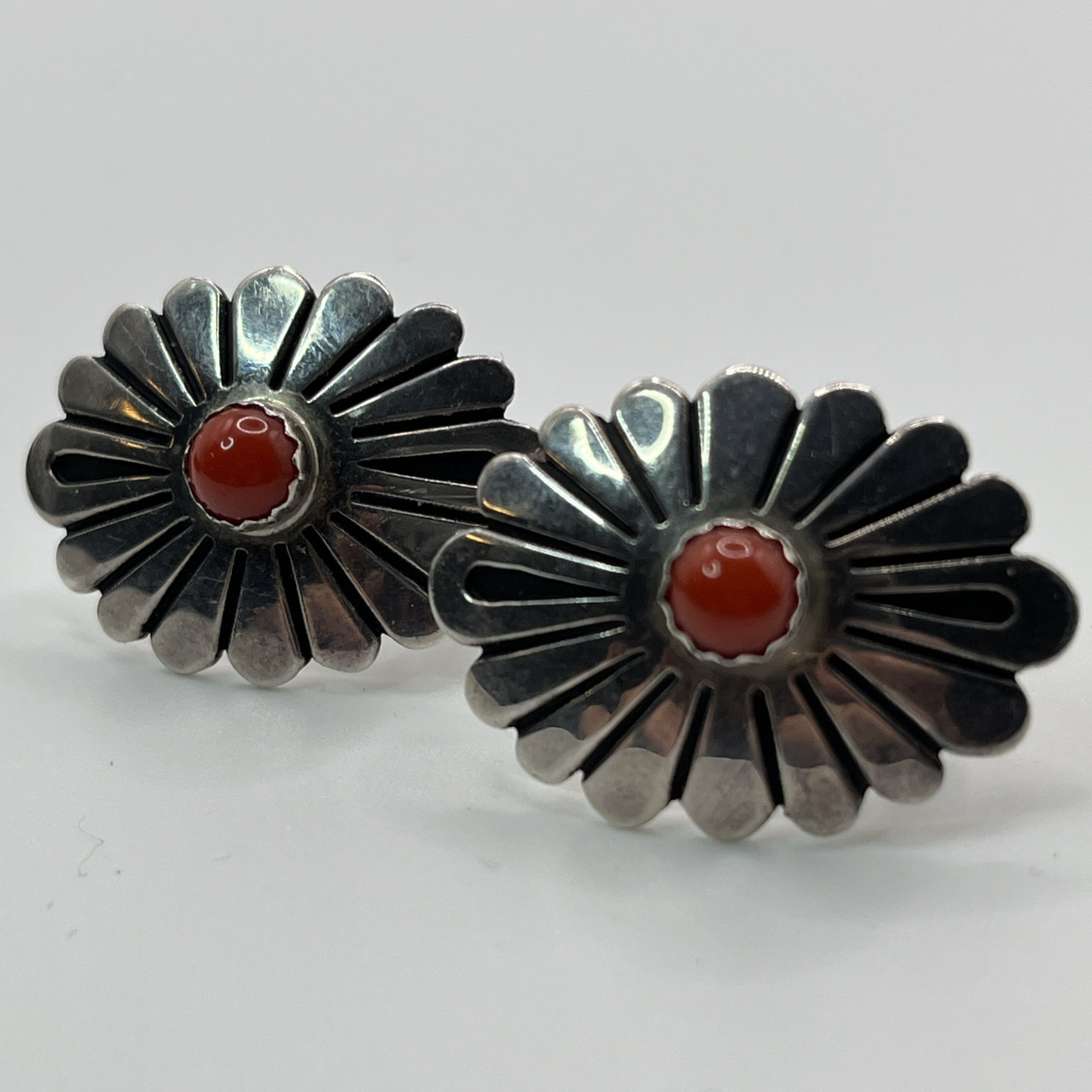 Vintage Federico Jimenez Sterling Silver Red Coral Concho ClipOn Earrings Signed Vintage Federico Jimenez Sterling Silver Red Coral Concho ClipOn Earrings Signed