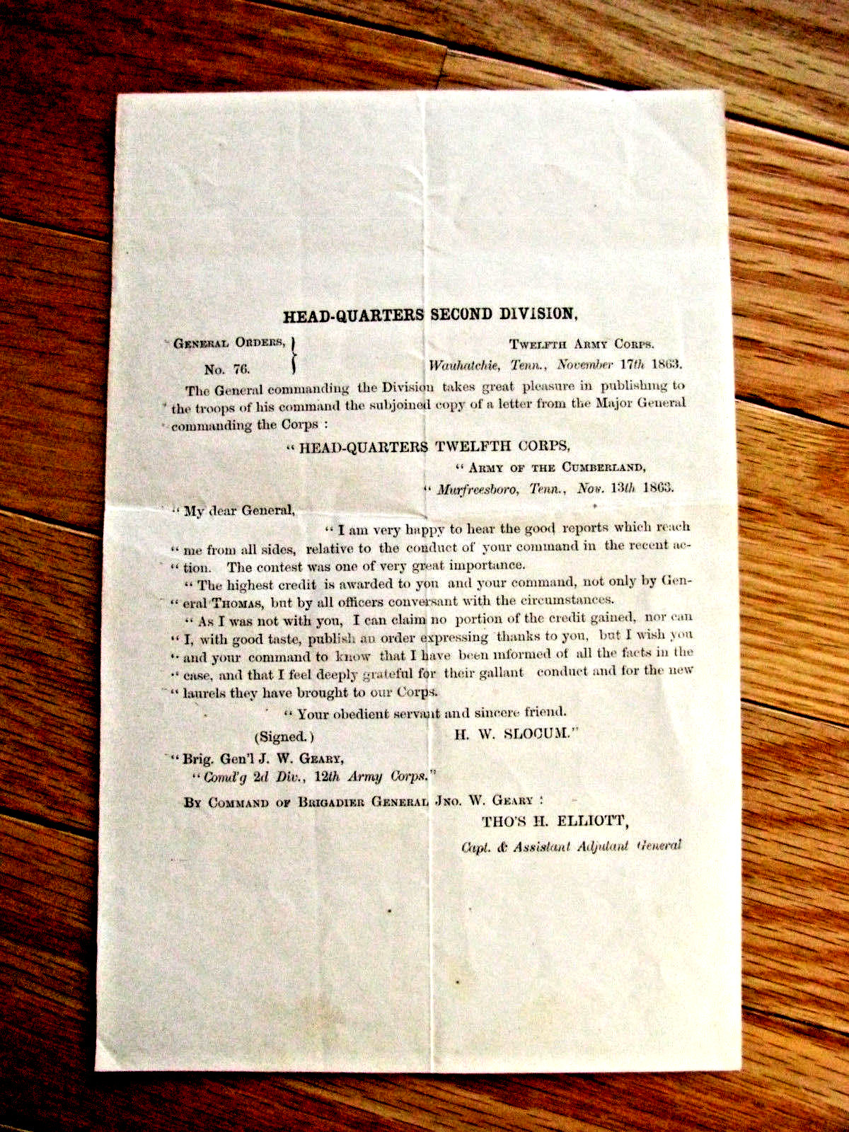 CIVIL WAR TENNESSEE BATTLE OF WAUHATCHIE GENERAL JOHN GEARY VICTORY ORDER 1863 CIVIL WAR TENNESSEE BATTLE OF WAUHATCHIE GENERAL JOHN GEARY VICTORY ORDER 1863
