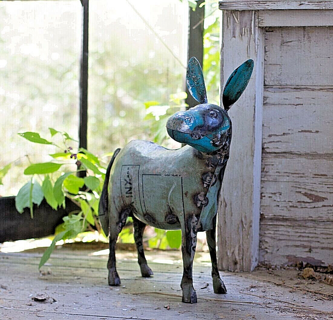 Recycled Metal Donkey Statue Yard Art Farm Animal Mule Horse Barn Reclaimed