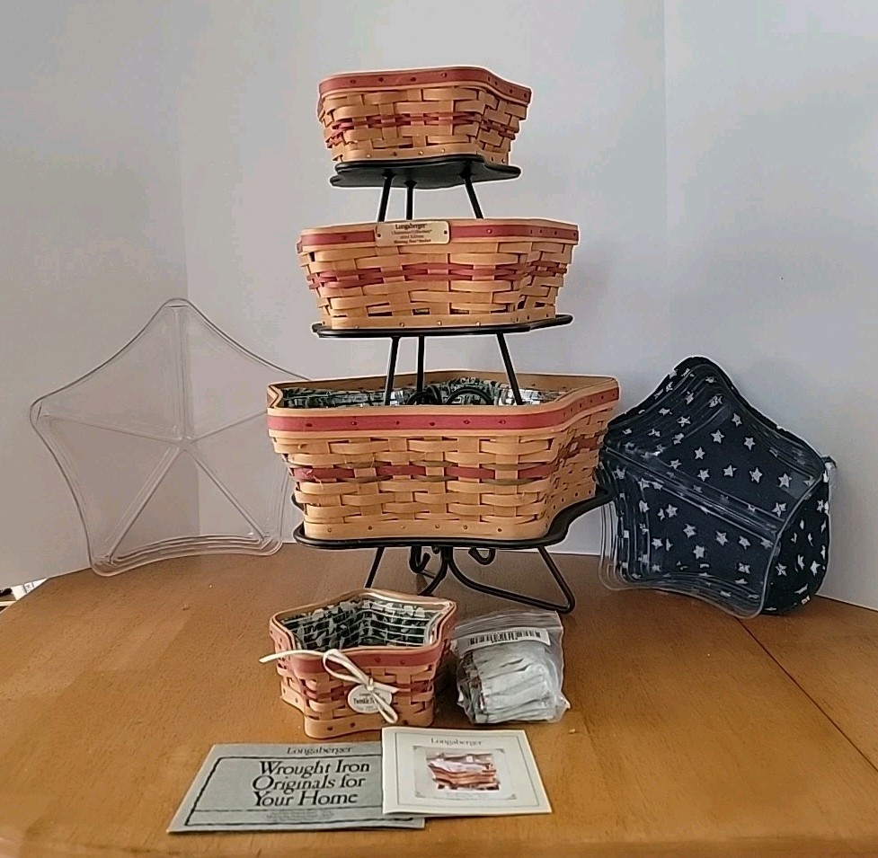 (4) 2001 Longaberger Shining Star Baskets, Liners, Protectors, (3) Stands,Extras (4) 2001 Longaberger Shining Star Baskets, Liners, Protectors, (3) Stands,Extras