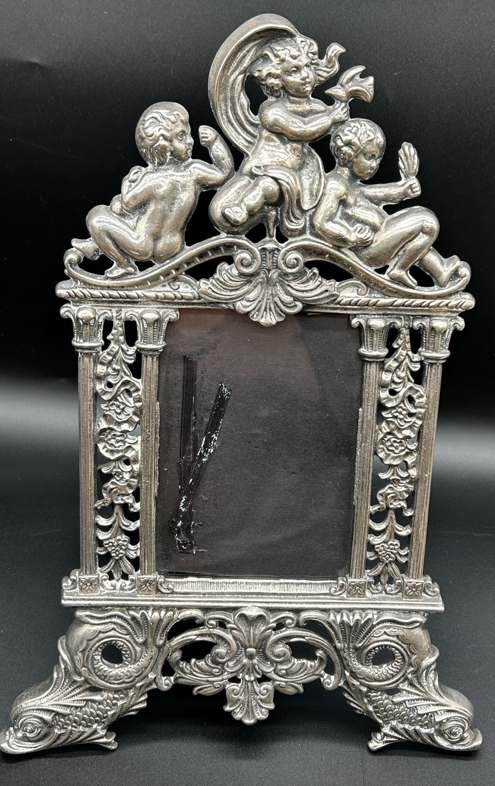 Antique Ornate Cast Metal Picture Frame Silver Easel Back Cherub Koi Fish