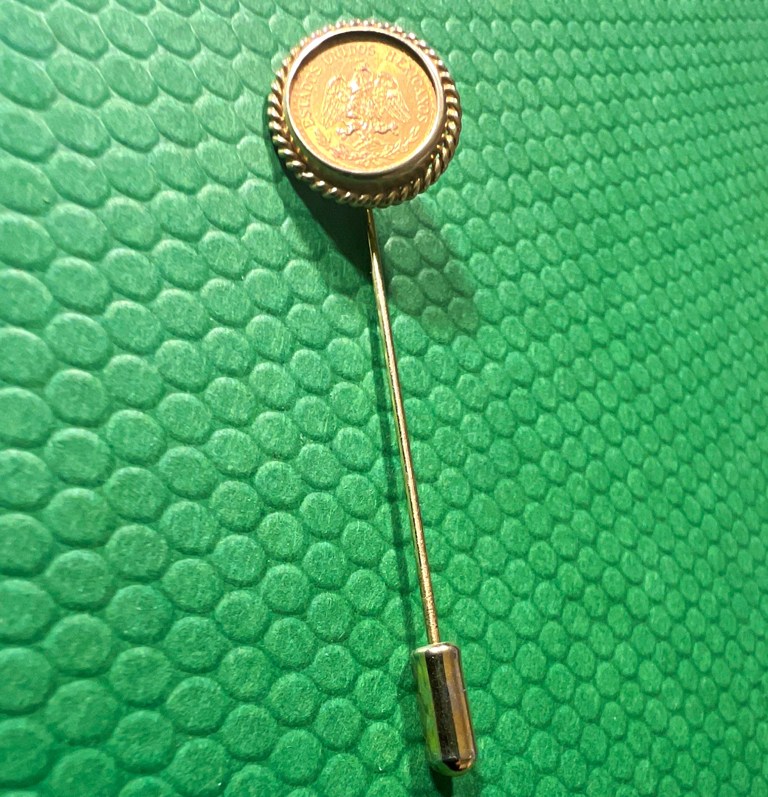 Vintage 14K Gold Hatpin Stick Pin Mexican Dos Pesos Gold Coin Design