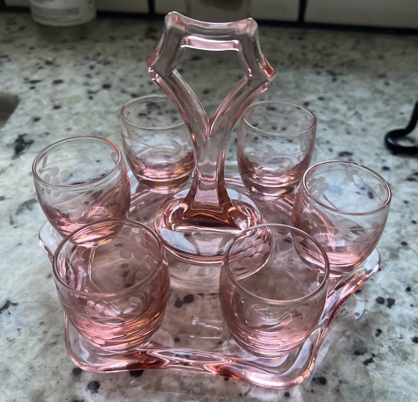 1930s Pink Elegant Depression Glass Shot Glass & Caddy Set 1930s Pink Elegant Depression Glass Shot Glass & Caddy Set