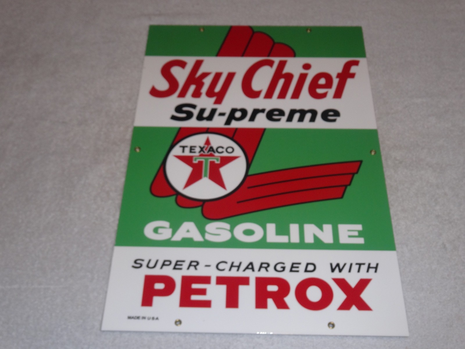 VINTAGE TEXACO SKY CHIEF SUPREME GASOLINE W/ PETROX 18" PORCELAIN METAL OIL SIGN