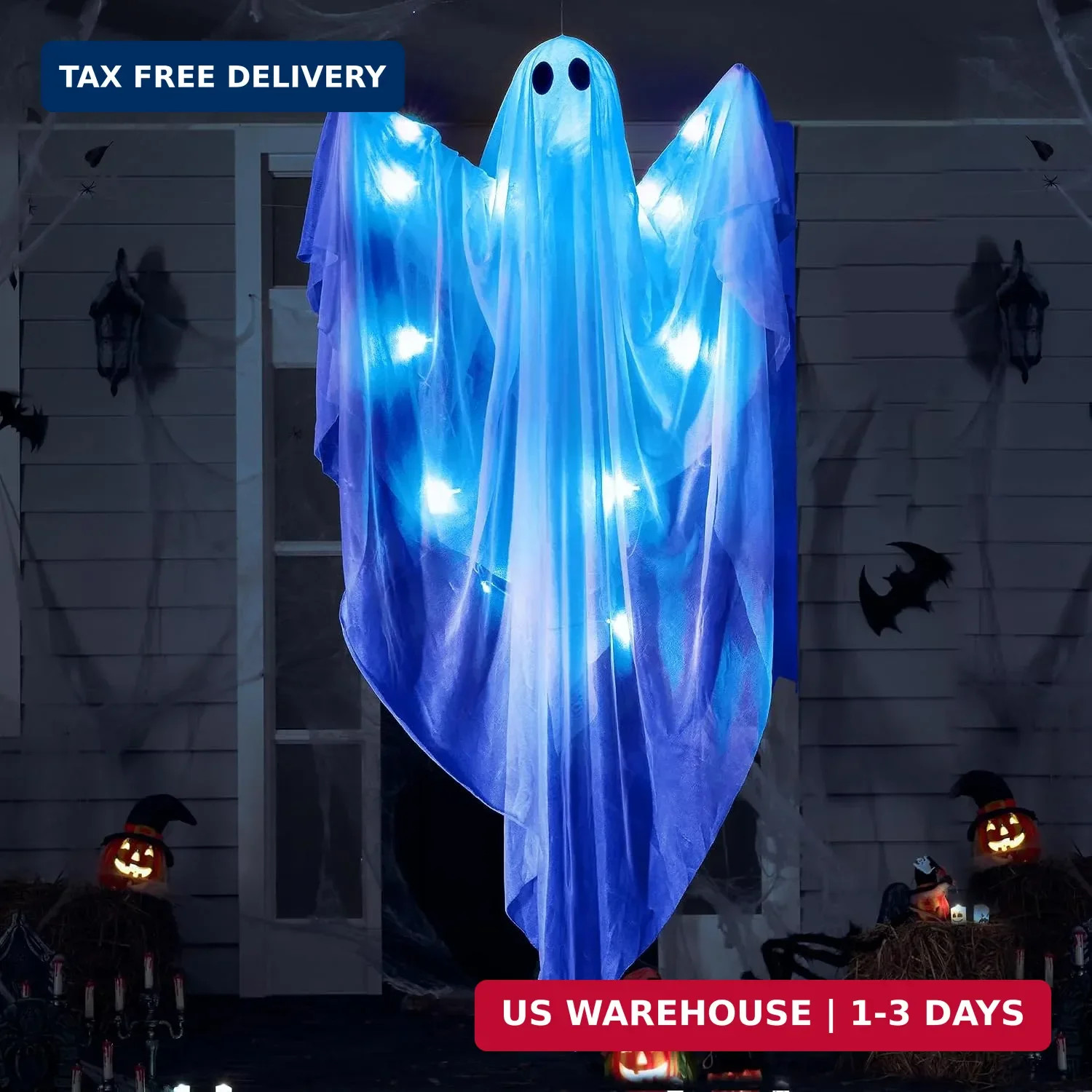 JOYIN Halloween Hanging Light up Ghost, 47" White Ghosts with Blue LED Light and