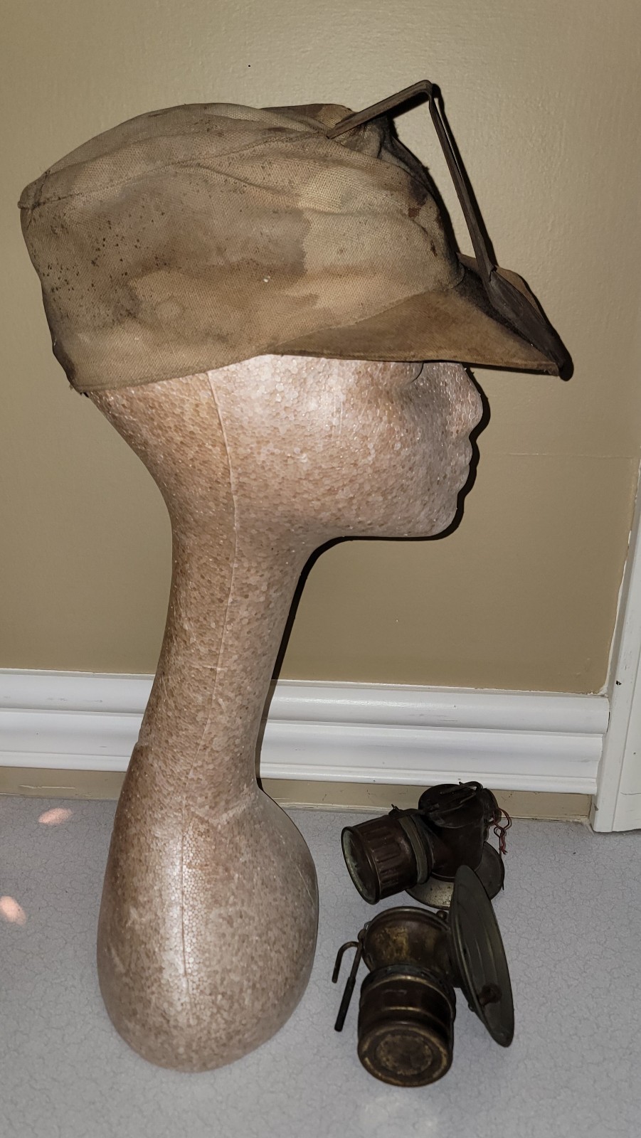 Antique Vintage Cloth Coal Miner Hat + 2 Carbide Lamps Antique Vintage Cloth Coal Miner Hat + 2 Carbide Lamps