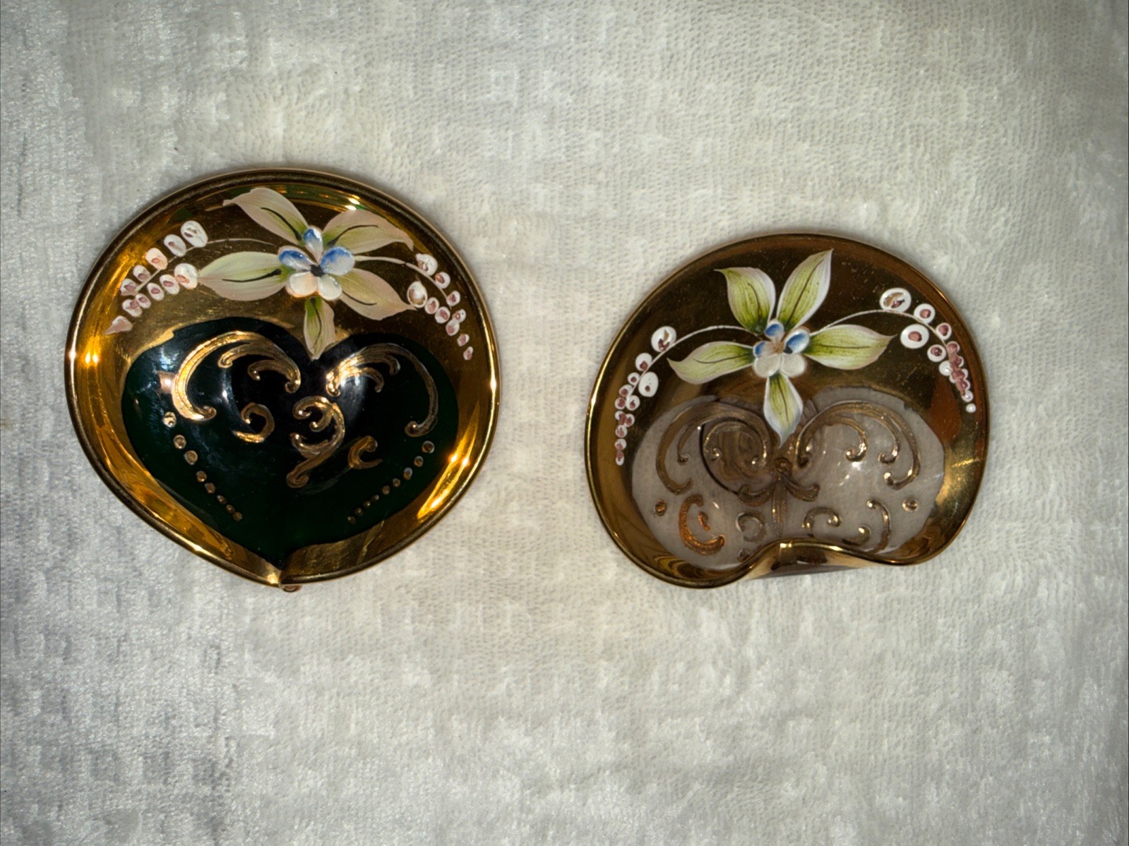Two Hand Painted Enamel Trinket Ring Dish Small Floral Gold Gilded Antique