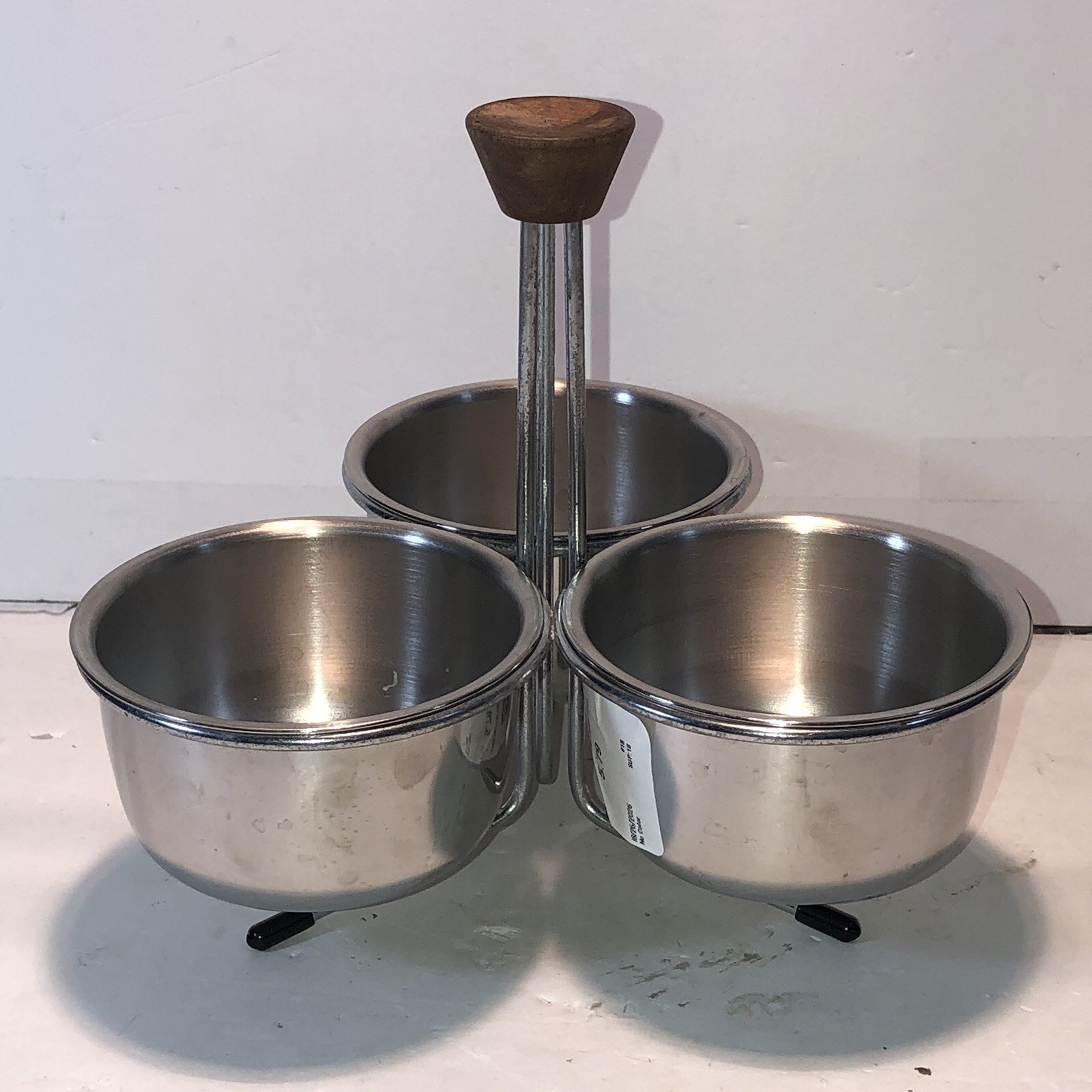Danish Mid Century Modern Triple Caddy Condiment, Stainless & Teak Wood, 3 Bowls Danish Mid Century Modern Triple Caddy Condiment, Stainless & Teak Wood, 3 Bowls