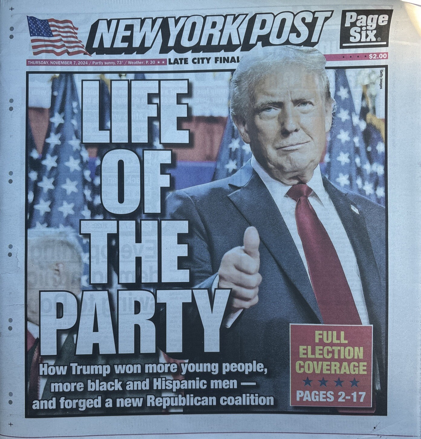DONALD TRUMP Life Of The Party New York Post Election Newspaper - 11/7/2024 NEW DONALD TRUMP Life Of The Party New York Post Election Newspaper - 11/7/2024 NEW