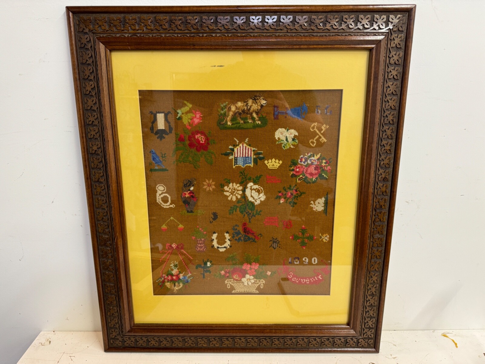 Antique United States Needlepoint Art w/ Floral and Animal Dec. Original Carved Antique United States Needlepoint Art w/ Floral and Animal Dec. Original Carved