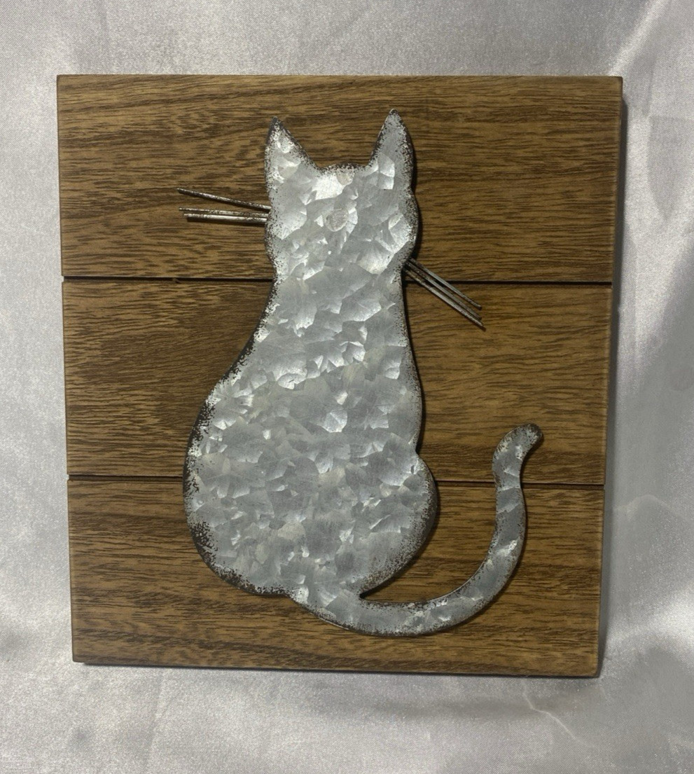 Primitive Metal Tin Cat With Whiskers Silhouette On Wood Board Hanging Art Primitive Metal Tin Cat With Whiskers Silhouette On Wood Board Hanging Art