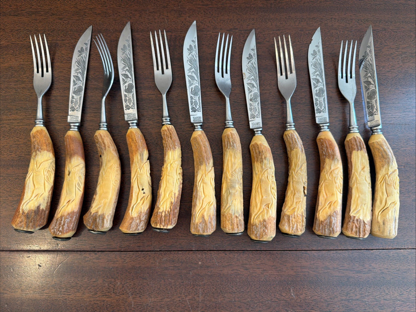 Vintage Solingen Germany Stainless 12 Pc Carved Stag Antler Steak Knife Fork Set