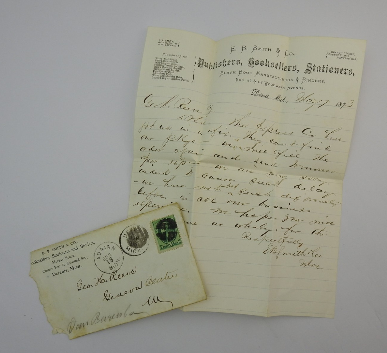 1873 E B Smith Co Detroit MI Bookseller Publisher Letter 3¢ Cover Postal History 1873 E B Smith Co Detroit MI Bookseller Publisher Letter 3¢ Cover Postal History