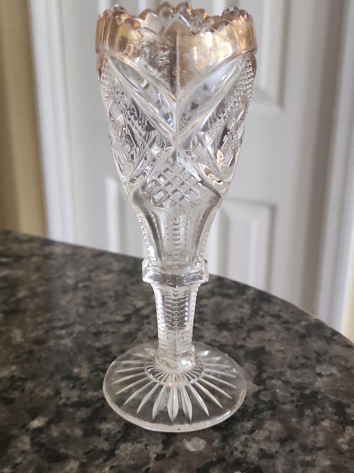 EAPG Tarentum Clear Glass Bud Vase With Gold Rim 5 3/4" - Early 1900s