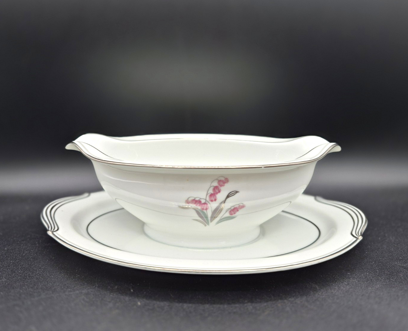 Noritake Crest Pattern 5421 Gravy Boat Attached Plate, Floral, Gray Rim, Pink Noritake Crest Pattern 5421 Gravy Boat Attached Plate, Floral, Gray Rim, Pink