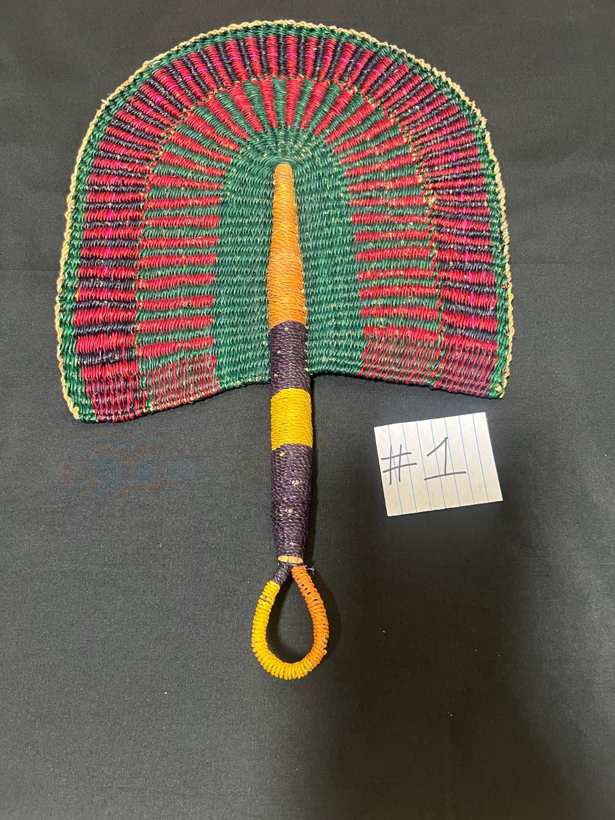 African Bolga Fan Leather Handle Woven Decorative Colorful Wall Collectable 17" African Bolga Fan Leather Handle Woven Decorative Colorful Wall Collectable 17"