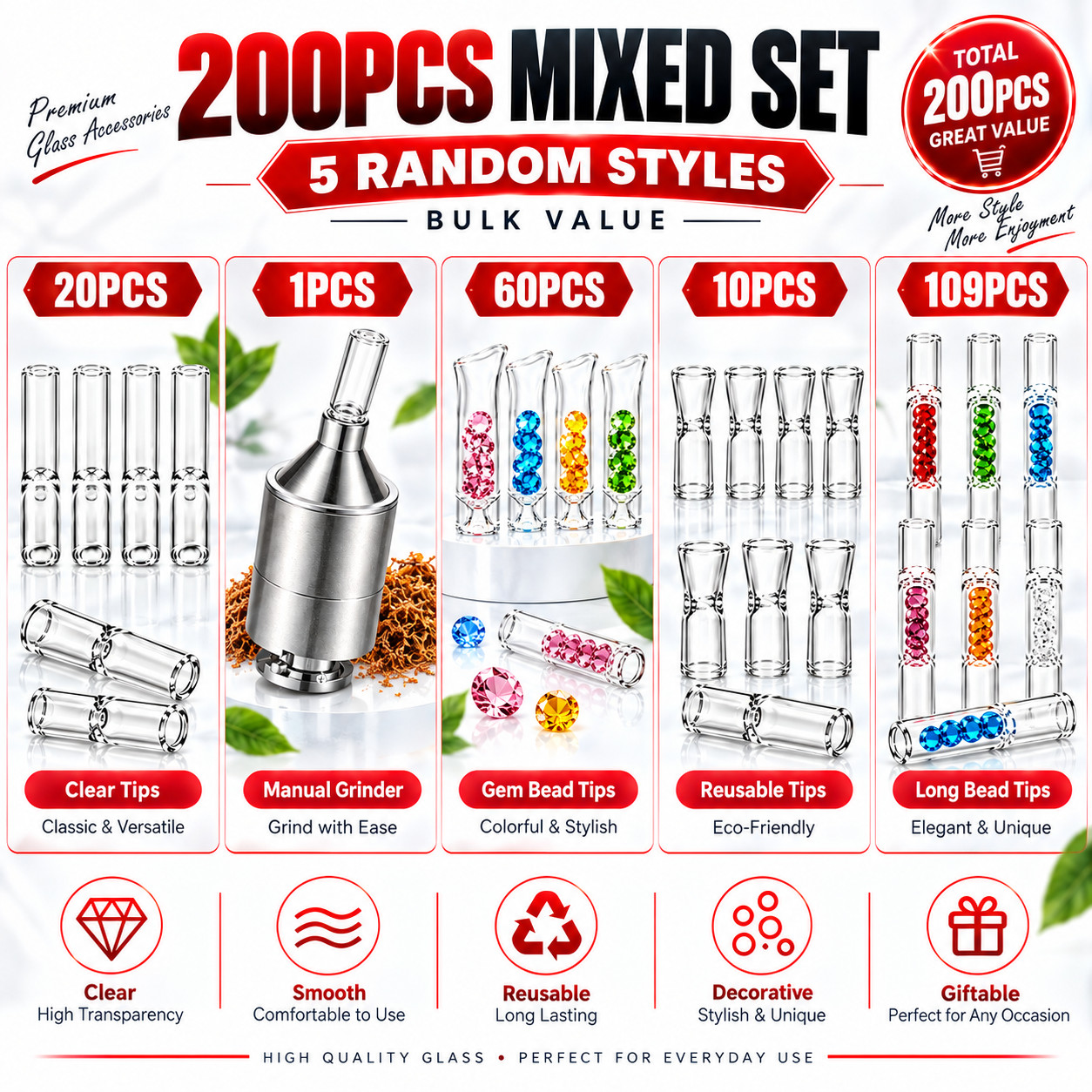 200Pcs Pyrex Thick Glass Chillum Set Smooth Tobacco Pipes Random Colors Kit Pack