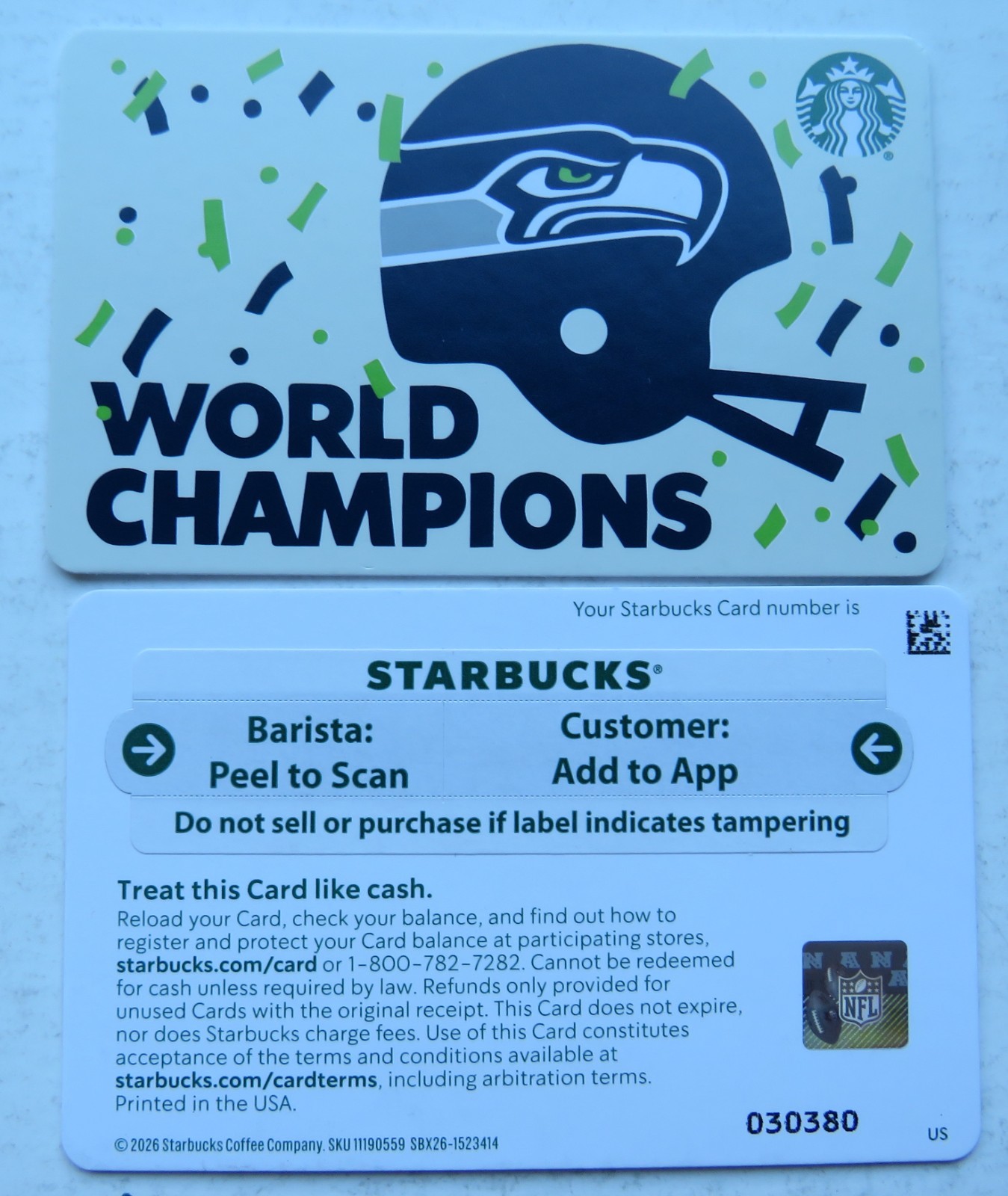 2 - STARBUCKS CARDS SEATTLE SEAHAWKS 'WORLD CHAMPIONS' 2026 #6351 BARCODE 2 - STARBUCKS CARDS SEATTLE SEAHAWKS 'WORLD CHAMPIONS' 2026 #6351 BARCODE