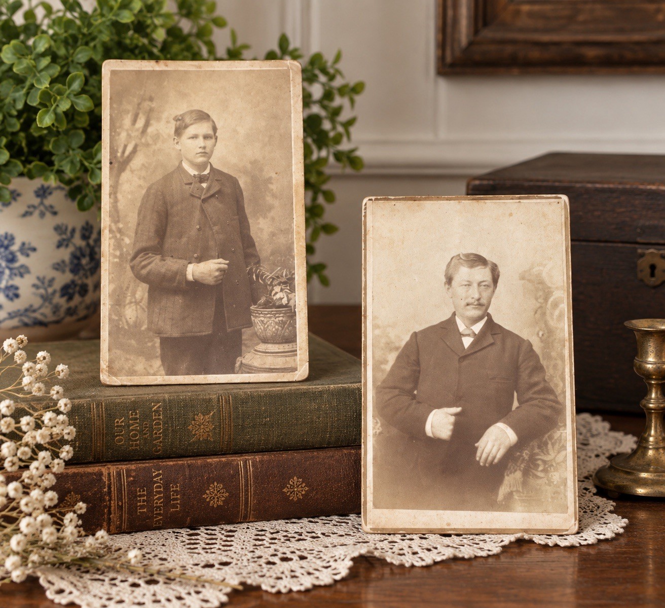Antique Victorian Era Cabinet Photo CDV Cards 2 Men Sepia Portraits Late 1800s