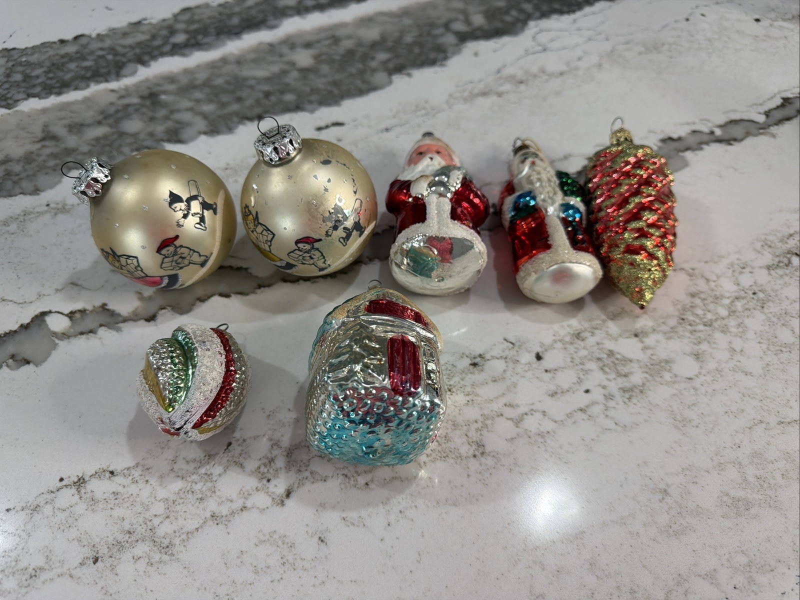 Lot of 7 Vintage Mercury Glass Christmas Ornaments House Pinecone Santa Germany Lot of 7 Vintage Mercury Glass Christmas Ornaments House Pinecone Santa Germany