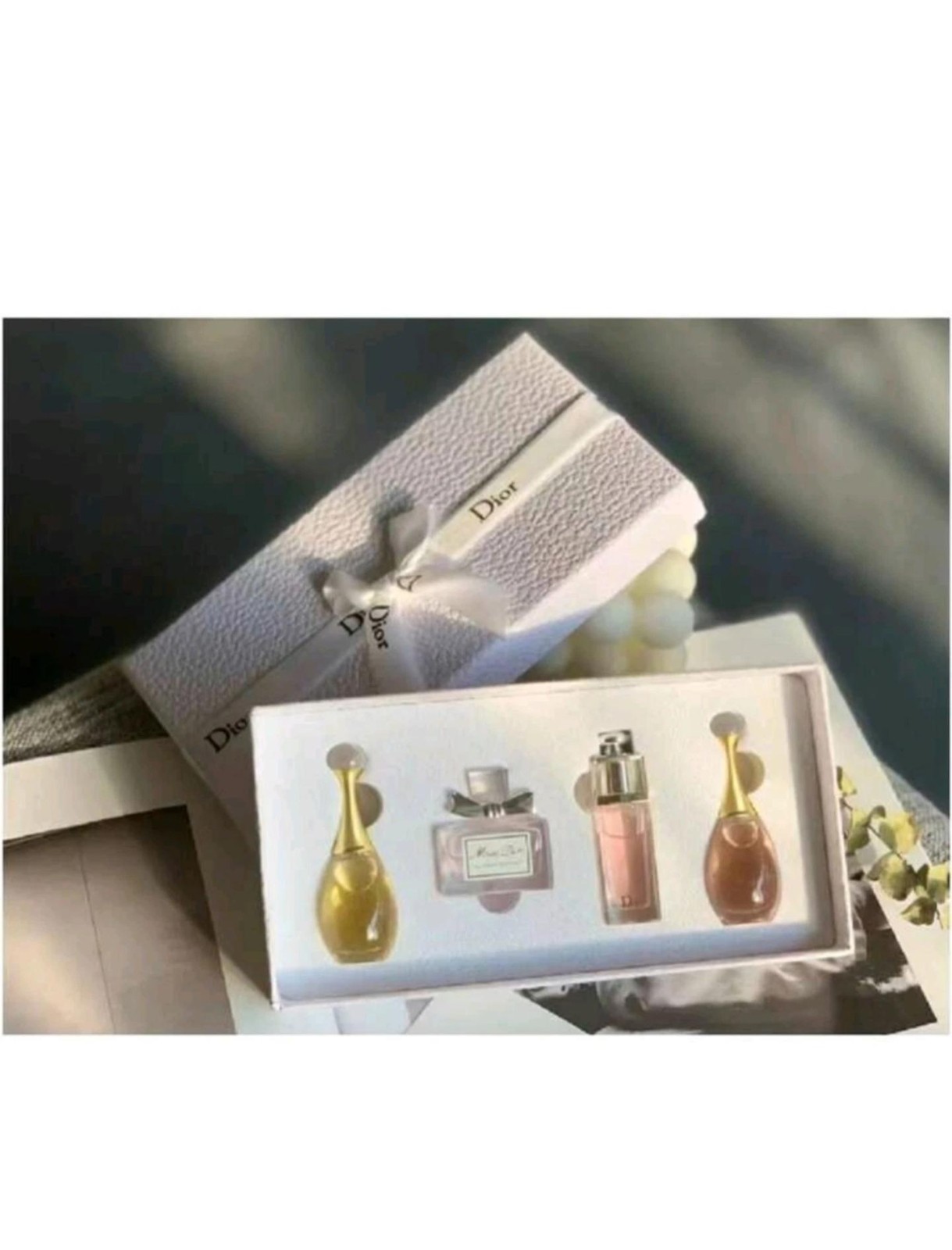 Dior Mini Fragrance Sampler Gift Set 4-Piece Mini Bottles Silver Gift Box