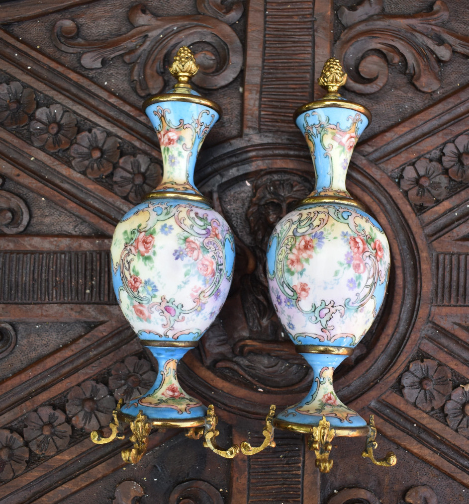 PAIR antique signed 1909 metal hand paint floral roses decor Vases urns PAIR antique signed 1909 metal hand paint floral roses decor Vases urns
