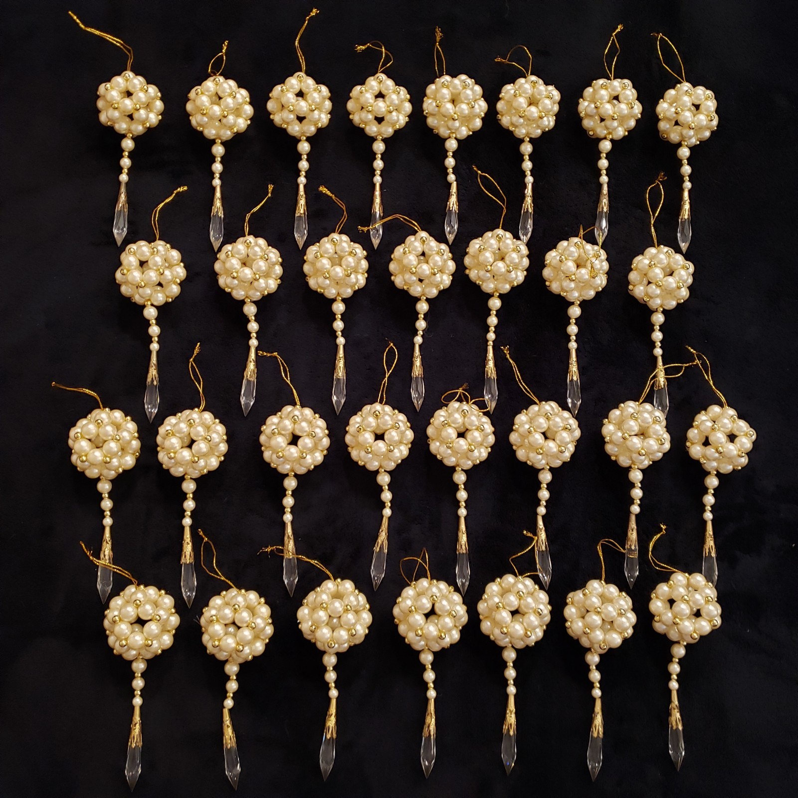 Lot Of 30 Vintage Faux Pearl Gold Bead Clear Crystal Christmas Tree Ornaments 6"