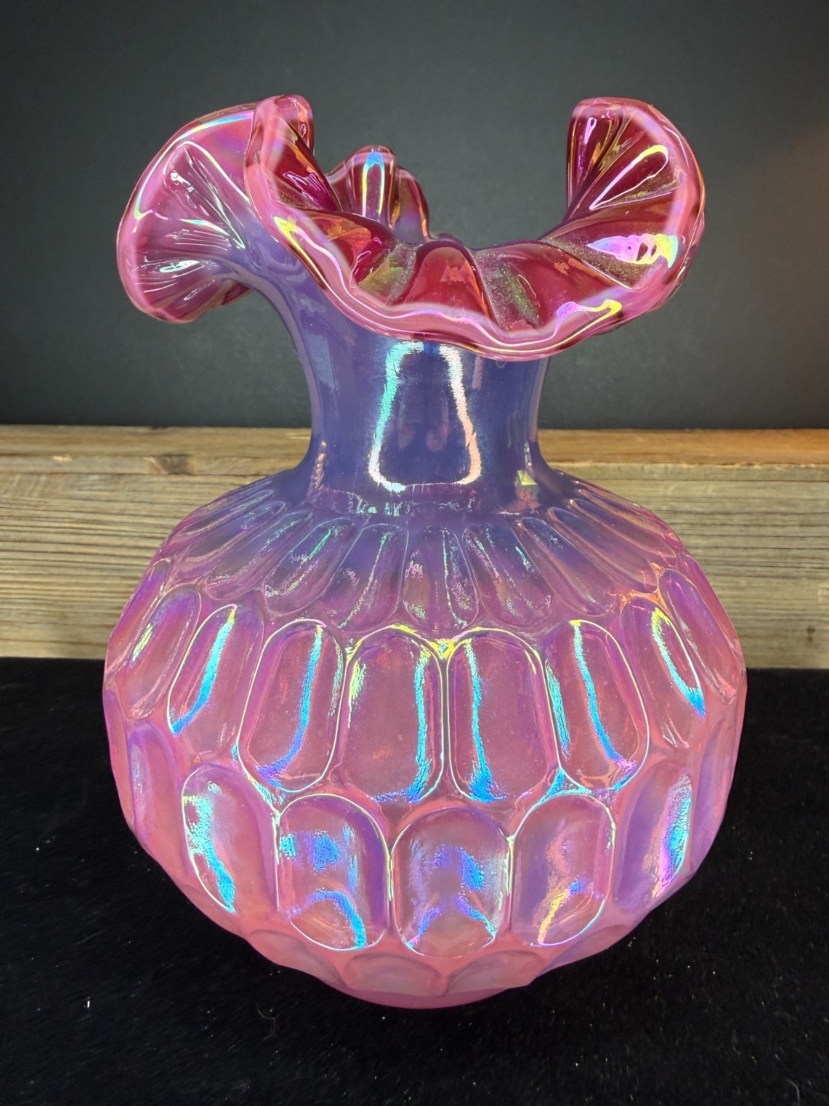 Fenton Plum Iridescent Thumbprint Ruffle Top Vase - Signed by F Fenton 1998