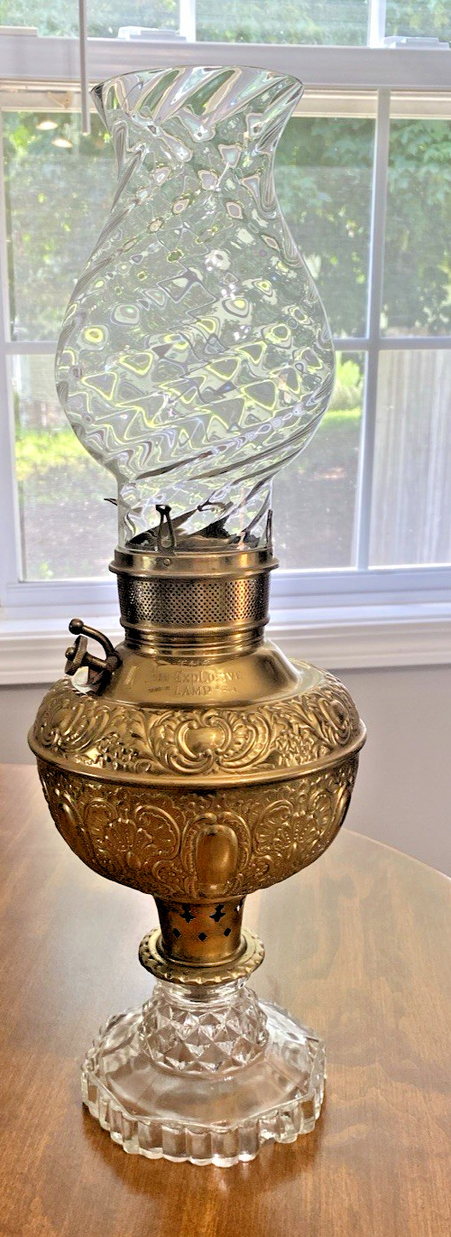 Antique Brass Edward Miller “The Non-Explosive” Oil Lamp Glass Base & Globe Antique Brass Edward Miller “The Non-Explosive” Oil Lamp Glass Base & Globe