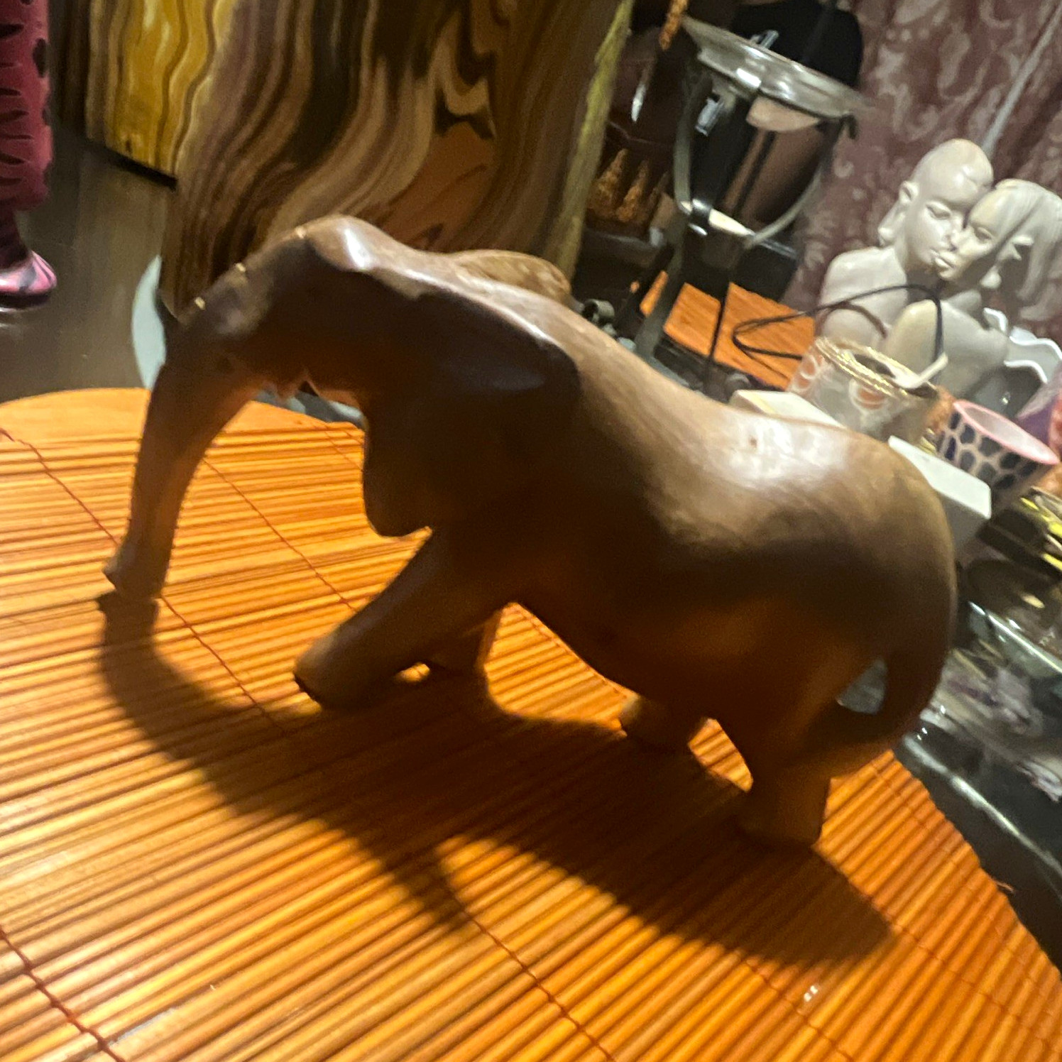 Handmade Carved Wooden Elephant Figurine Sculpture Wood Animal Decor