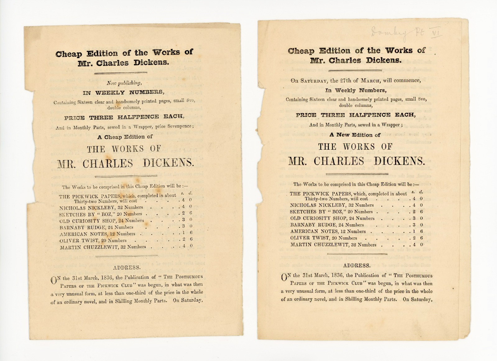1847 Charles Dickens Cheap Edition Prospectuses Two Variant States Chapman 1847 Charles Dickens Cheap Edition Prospectuses Two Variant States Chapman
