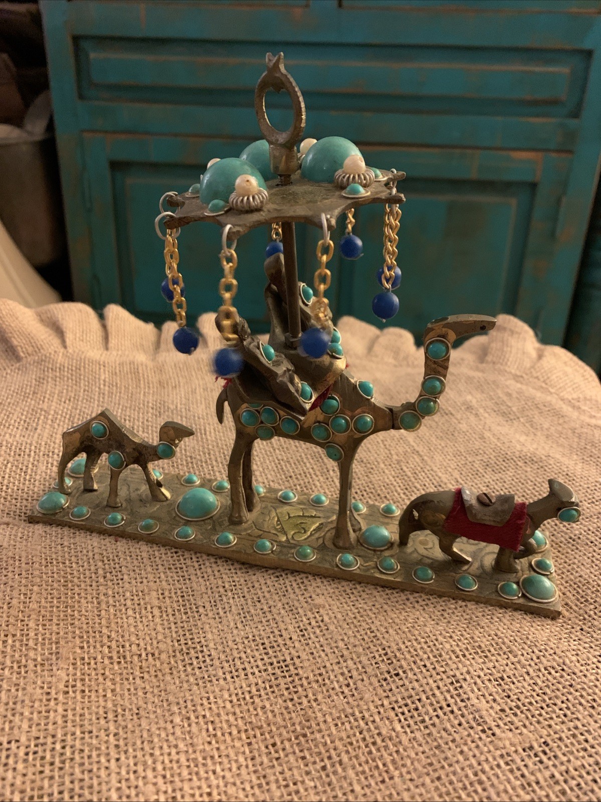 Vintage Solid Brass Caravan Camels Donkey Riders with Parasol