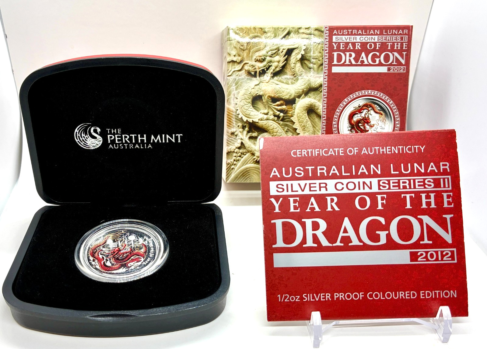 2012 AUSTRALIA YEAR OF THE DRAGON 1/2 OZ COLORED PROOF SILVER COIN COA DISPLAY 2012 AUSTRALIA YEAR OF THE DRAGON 1/2 OZ COLORED PROOF SILVER COIN COA DISPLAY