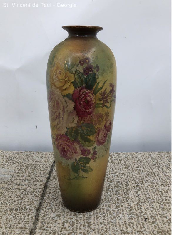 Vintage Royal Bonn Franz Anton Mehlem Green Floral Hand Painted Vase 11 x 4" EXC