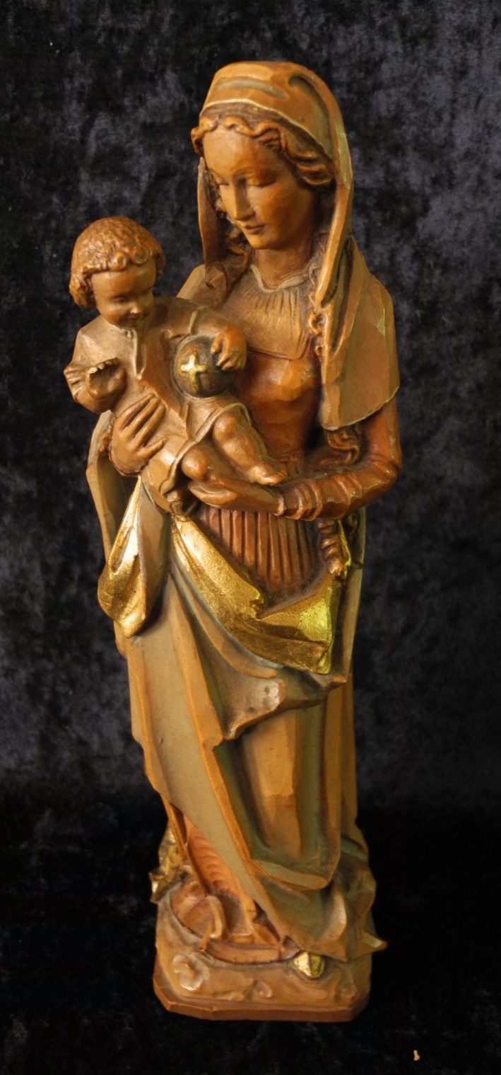 ANTIQUE HIGH-QUALITY KARL KUOLT HAND-CARVED WOODEN MADONNA STATUE WITH GLOBUS