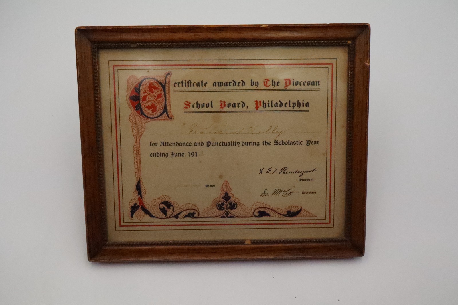 Antique 1913 Philadelphia Diocesan School Board Attendance Certificate Framed Antique 1913 Philadelphia Diocesan School Board Attendance Certificate Framed