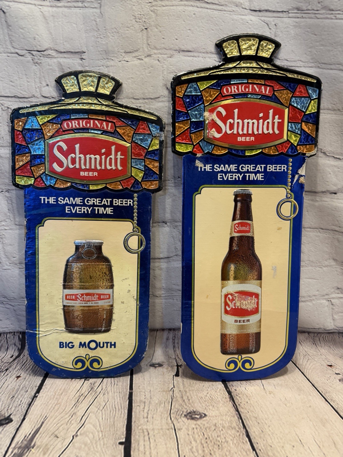Vtg Schmidt Beer Signs Lot of 2 Foil Over Cardboard Big Mouth Long Neck Bottles 