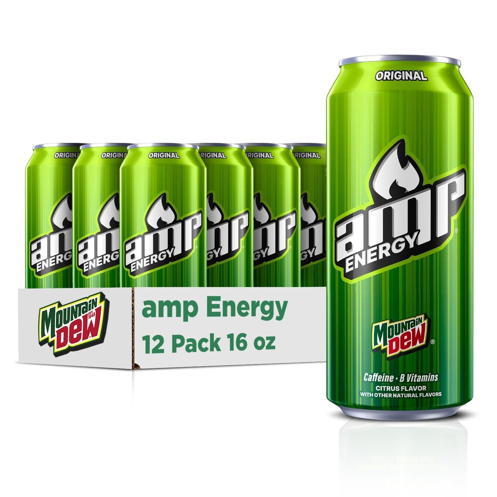 Mountain Dew AMP Energy Drink, Original, 16 fl 16 Fl Oz (Pack of 12), Yellow Mountain Dew AMP Energy Drink, Original, 16 fl 16 Fl Oz (Pack of 12), Yellow