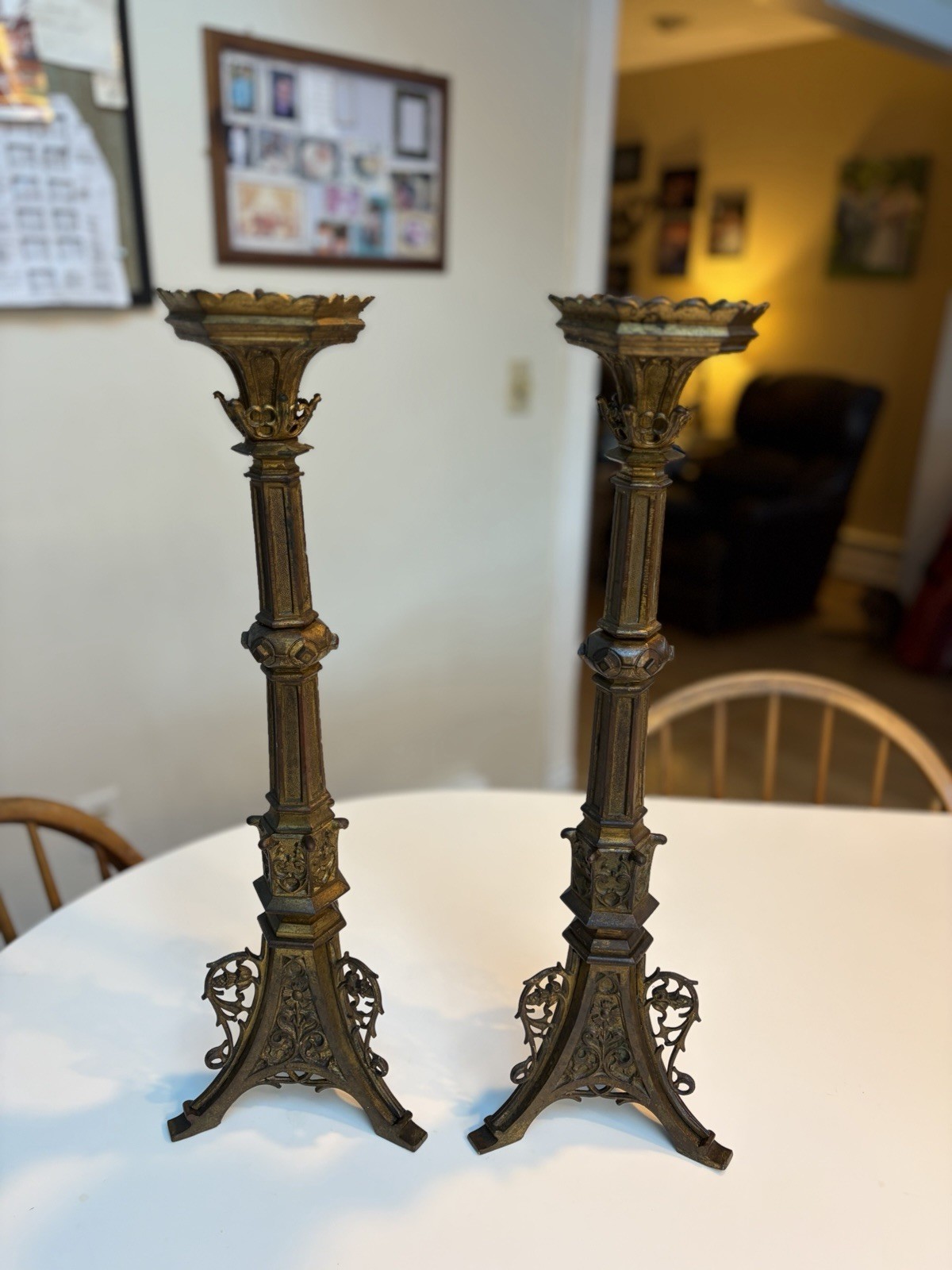 Antique French Neo-Gothic Brass Metal Altar Ecclesiastical Candlestick Holders