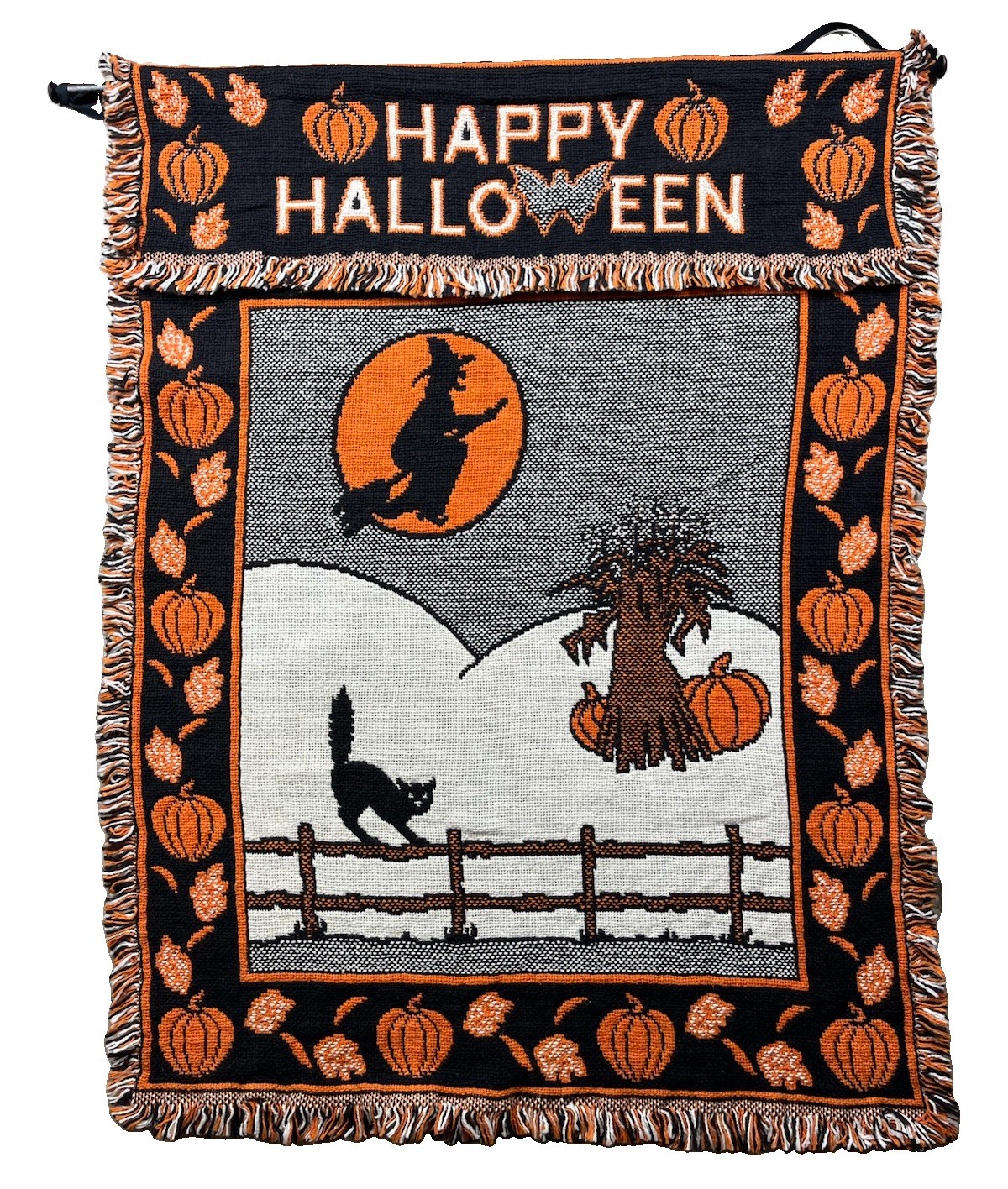Vtg 90s HAPPY HALLOWEEN Tapestry Woven MWW Wall Hanging WITCH Moon Cat 1991 Rare Vtg 90s HAPPY HALLOWEEN Tapestry Woven MWW Wall Hanging WITCH Moon Cat 1991 Rare