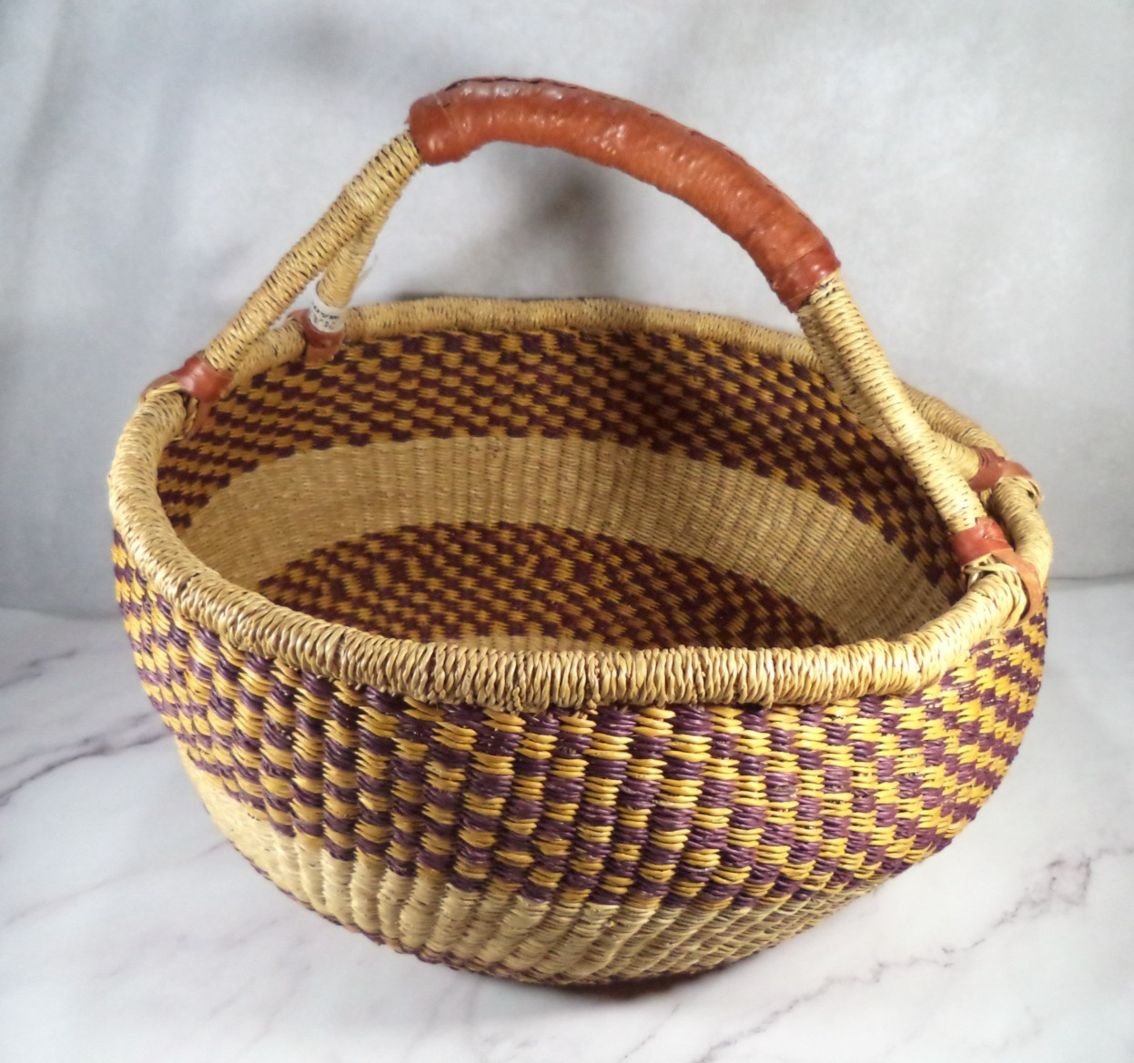 African Market Basket Bolga Ghana Handwoven Straw Large Leather Wrapped Handle African Market Basket Bolga Ghana Handwoven Straw Large Leather Wrapped Handle