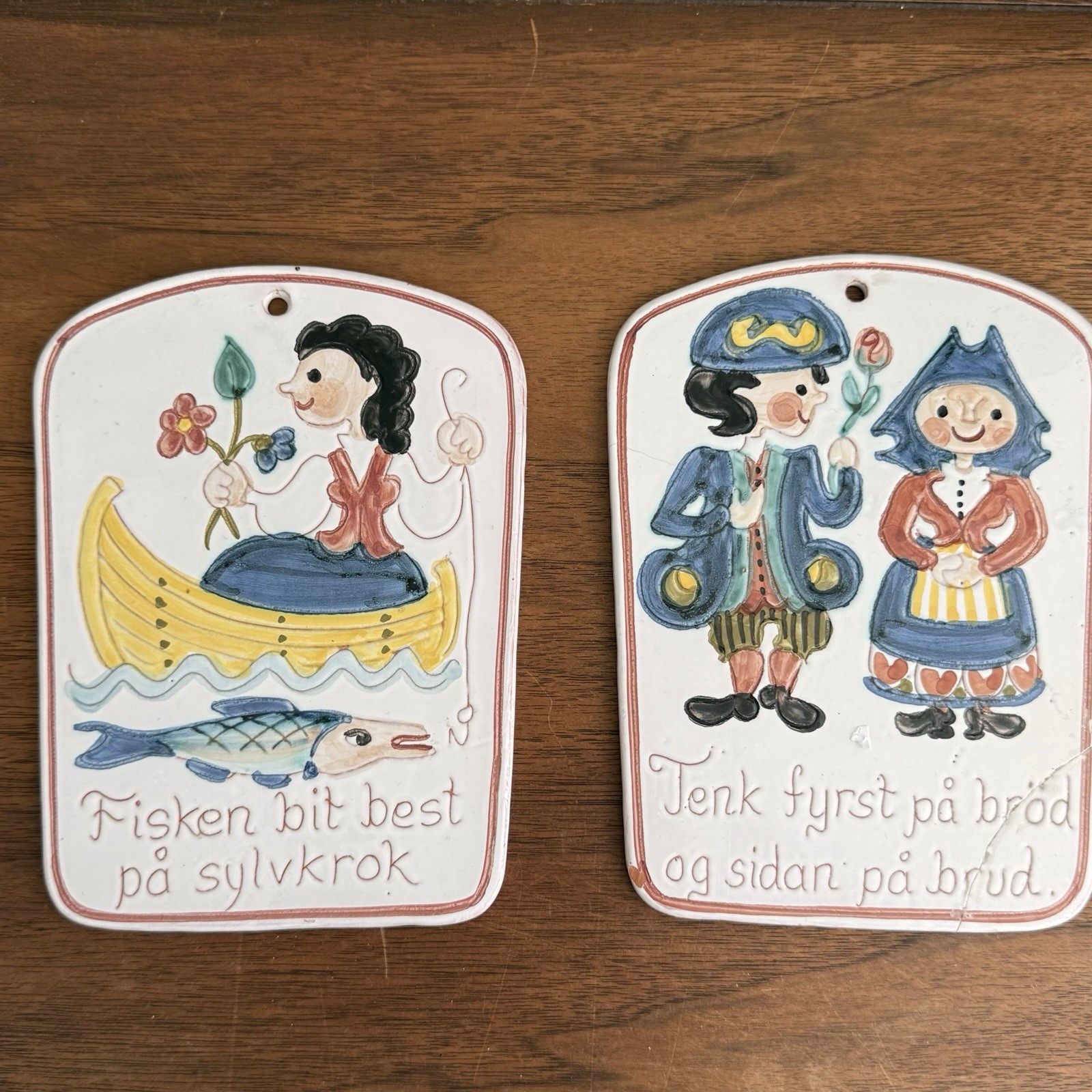 Pair 2 Vintage Norwegian Ceramic Wall Plaques Folk Art Proverbs Fish Bride Pair 2 Vintage Norwegian Ceramic Wall Plaques Folk Art Proverbs Fish Bride
