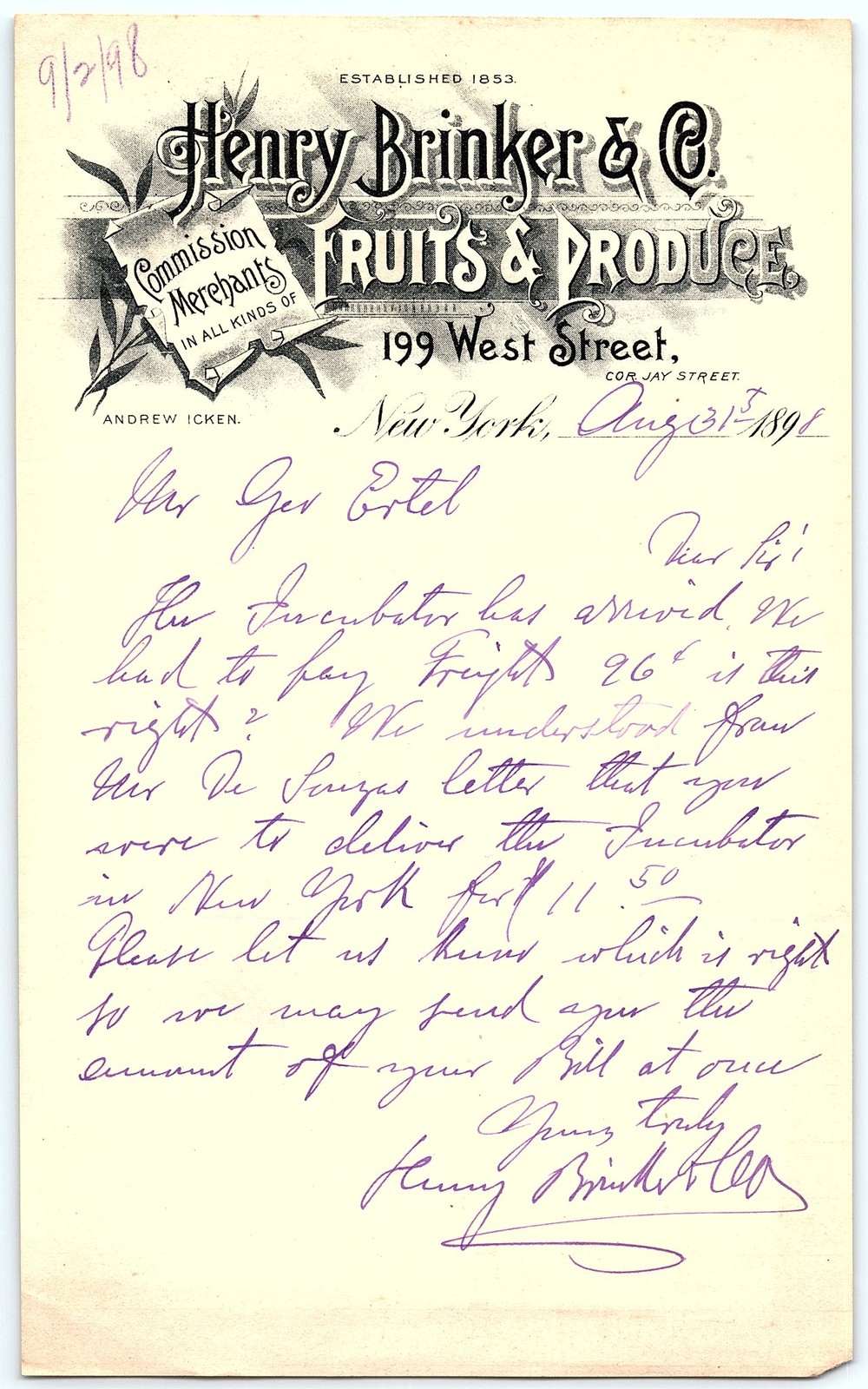 Vintage 1898 Henry Brinker & Co. Fruits & Produce Letterhead Vintage 1898 Henry Brinker & Co. Fruits & Produce Letterhead