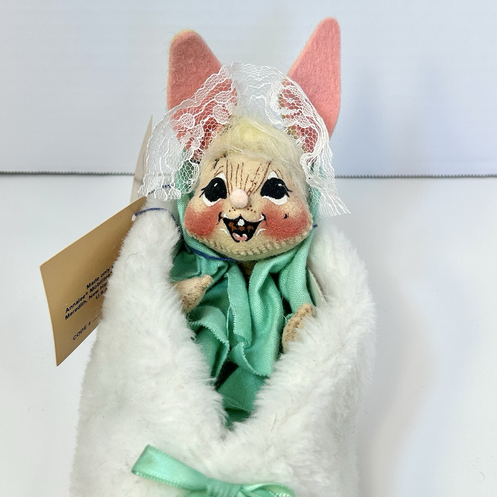 NWT Vintage 1993 Annalee Doll Cloth Easter Bunny In White Slipper 0920 Teal NWT Vintage 1993 Annalee Doll Cloth Easter Bunny In White Slipper 0920 Teal