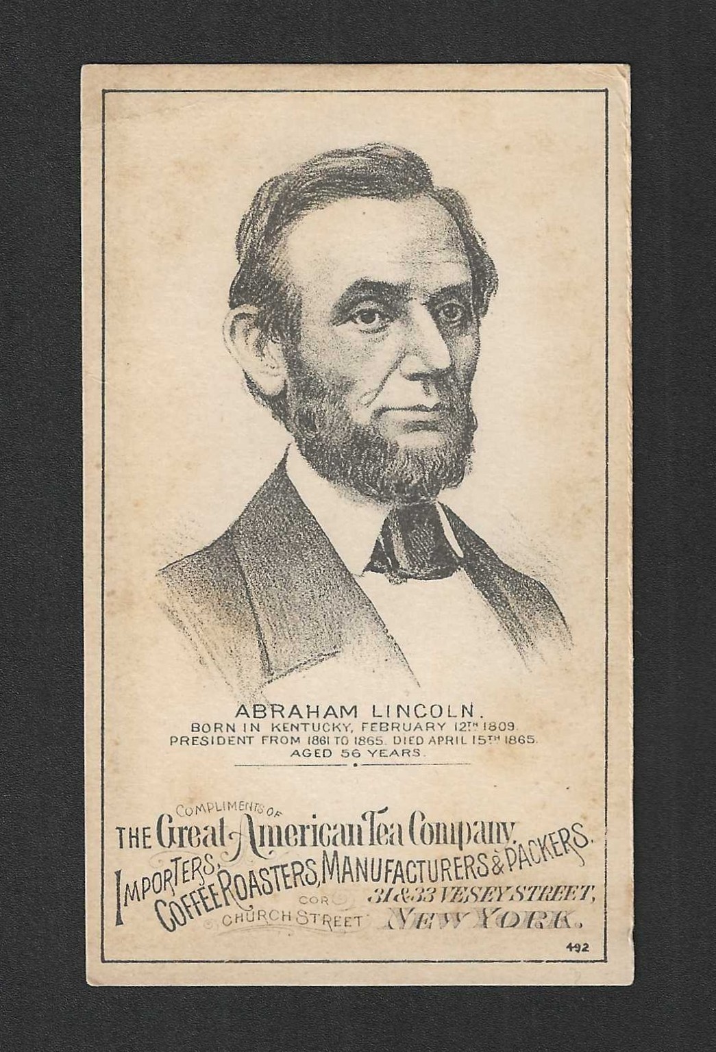 c1880's HD2A Trade Card - Great American Tea Company - President Abraham Lincoln c1880's HD2A Trade Card - Great American Tea Company - President Abraham Lincoln