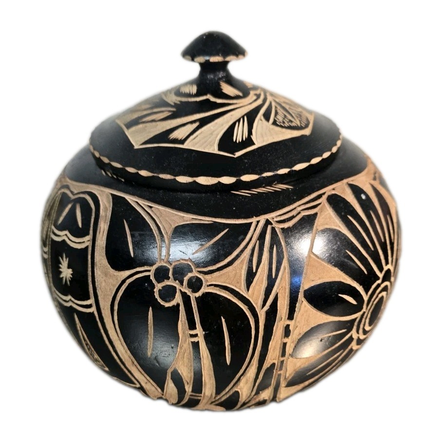 Large Handcarved Wooden Black Floral/Donkey decorative lidded vessel/bowl Large Handcarved Wooden Black Floral/Donkey decorative lidded vessel/bowl