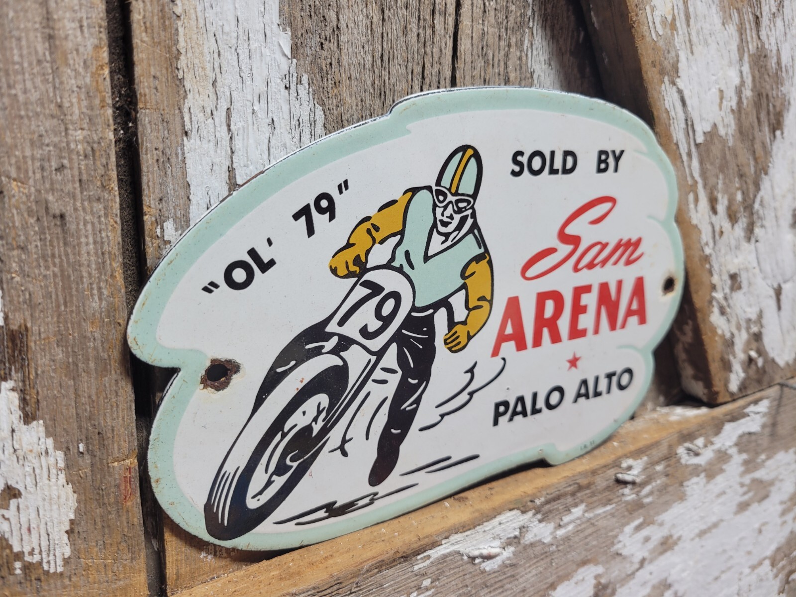 VINTAGE SAM ARENA PORCELAIN SIGN OLD MOTORCYCLE RACING PALO ALTO CA HARLEY BIKER VINTAGE SAM ARENA PORCELAIN SIGN OLD MOTORCYCLE RACING PALO ALTO CA HARLEY BIKER