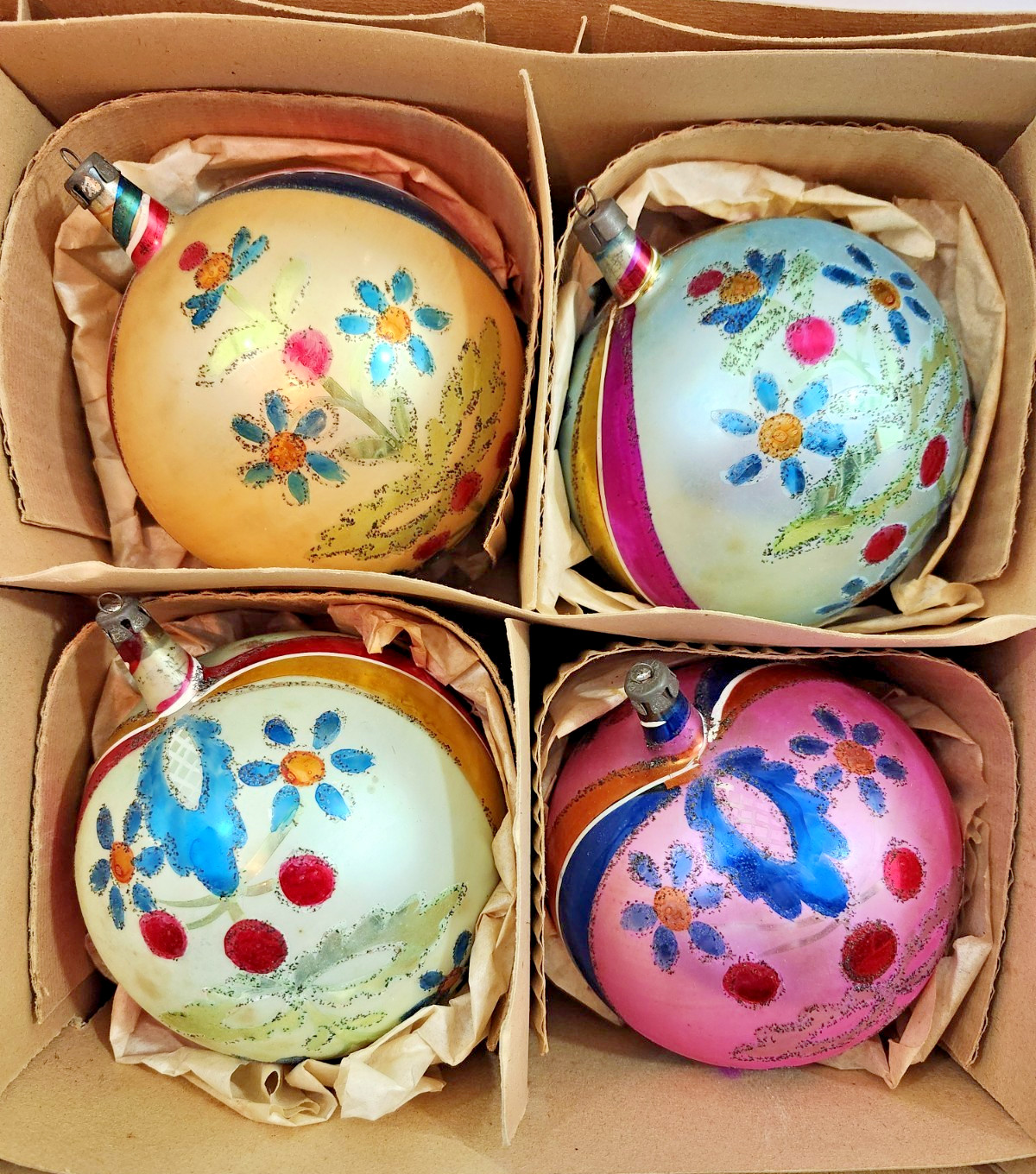 Vintage Fantasia Christmas Ornaments Box of 4 Hand Painted Jumbo 4.5" Poland