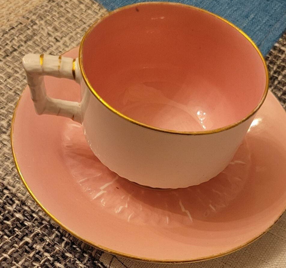 Rare antique ejd bodley pink bamboo handle teacup&saucer, aesthetic movement